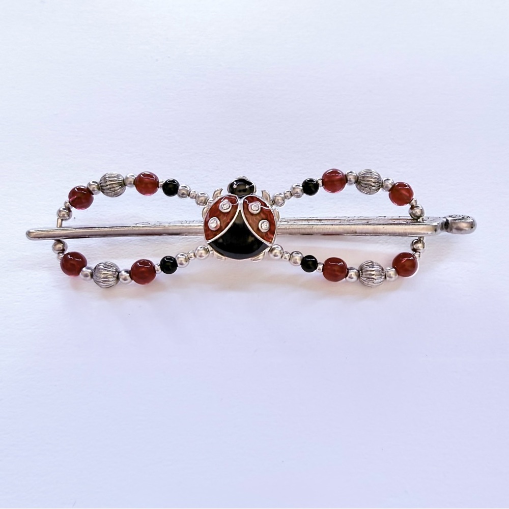 Beautiful Lilla Rose Silvertone Ladybug Metal Hair Clip Red Black Beads Large